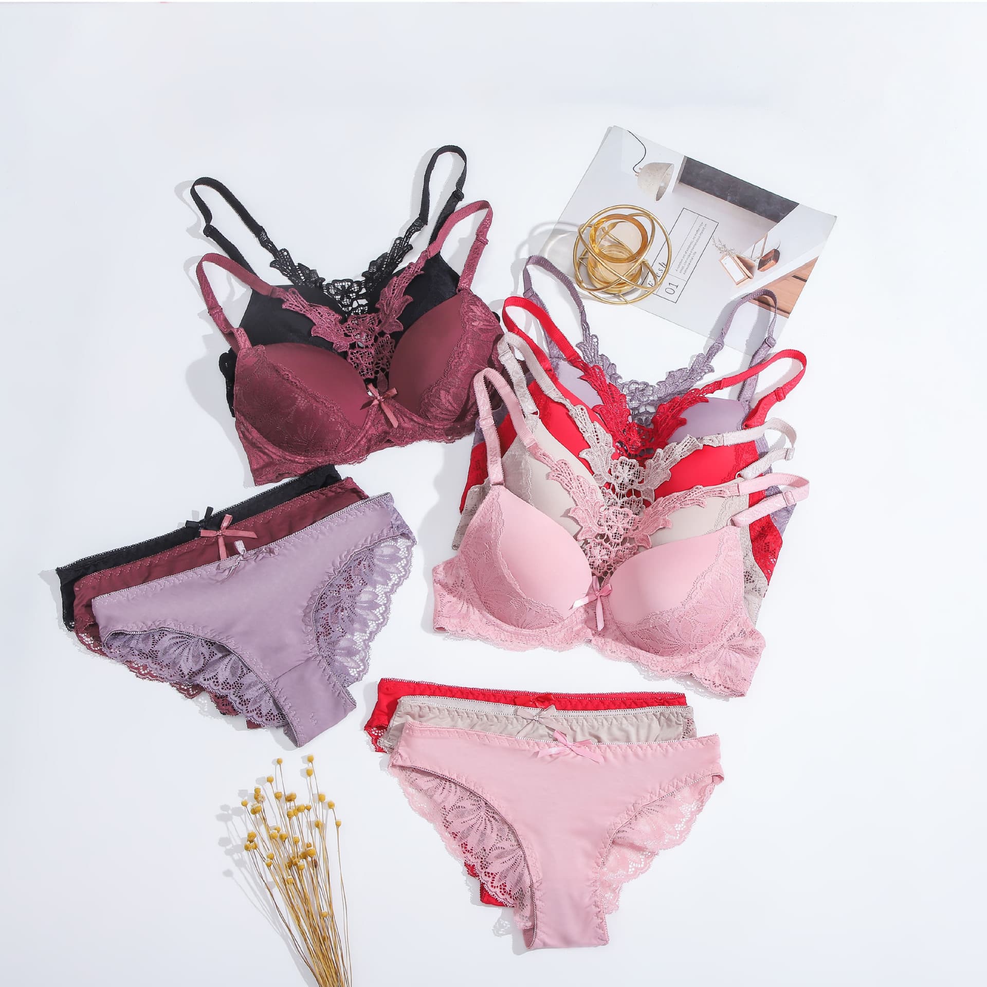 underwear women's thin sexy lace underwire push-up adjustable back bra set