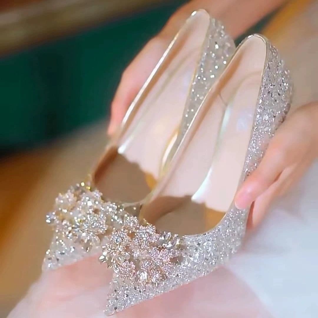 Crystal High Heels Women's Wedding Bridal Shoes Summer New Mid Heel PU Material Pointed Toe Dress Shoe