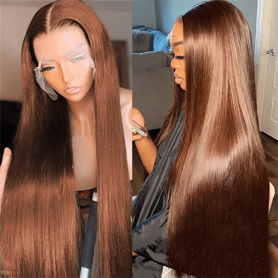 hot selling 30 Inch Bone Straight Colored Chocolate Brown Front Human Hair Wigs For Women 13x4 HD Transparent Lace Frontal Wig On