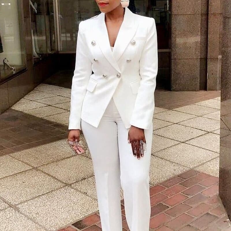 Women Pants Set Two Piece Sets Turn Down Collar White Blazer Elegant Coats Matching Sets Work High Waist Long Pants Suits
