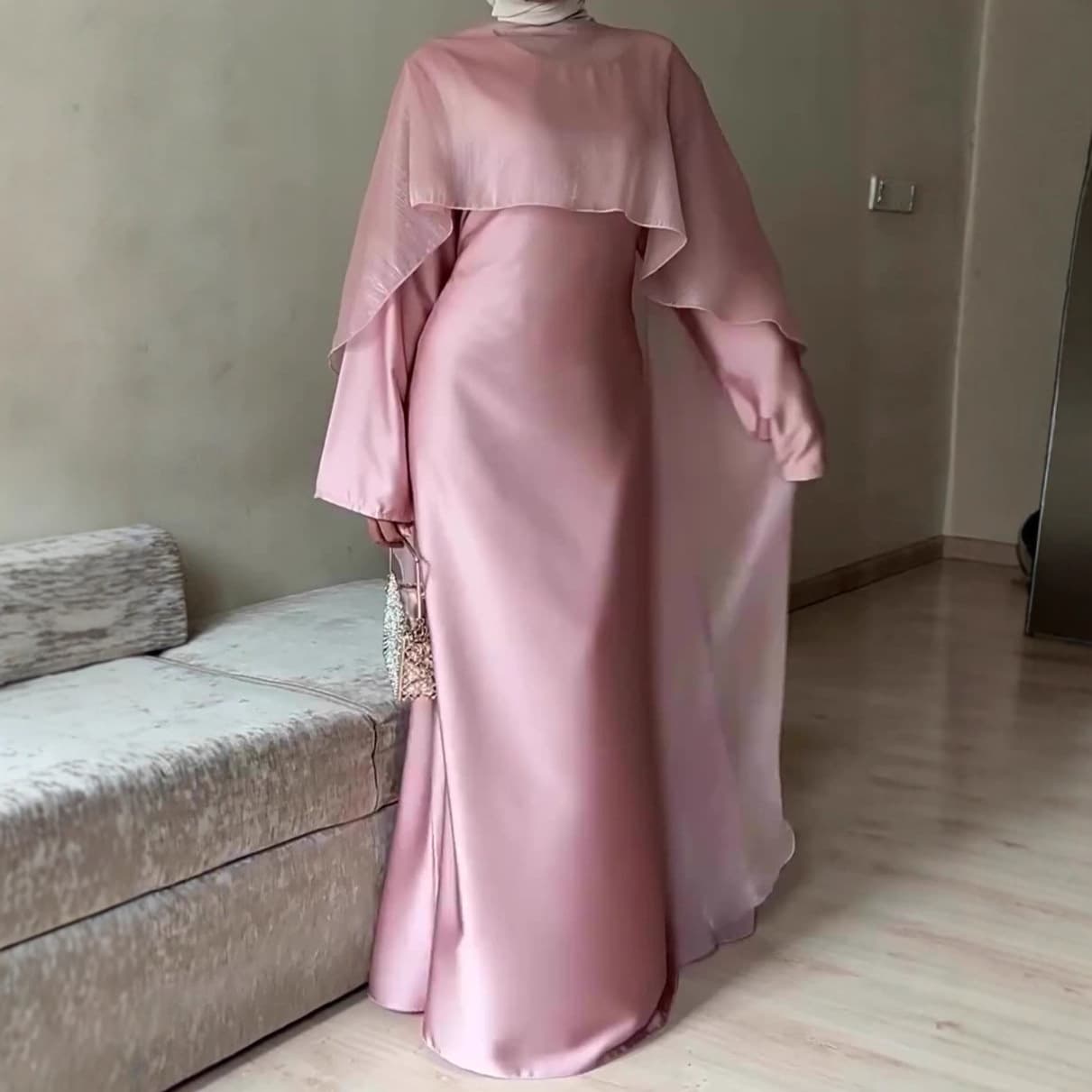 Women's Clothing Sweet & Soft Long Sleeve Maxi Dress – High-Waisted Flowy Polyester Dress With Round Neck, Breathable & Wrinkle-Free – Elegant Pink