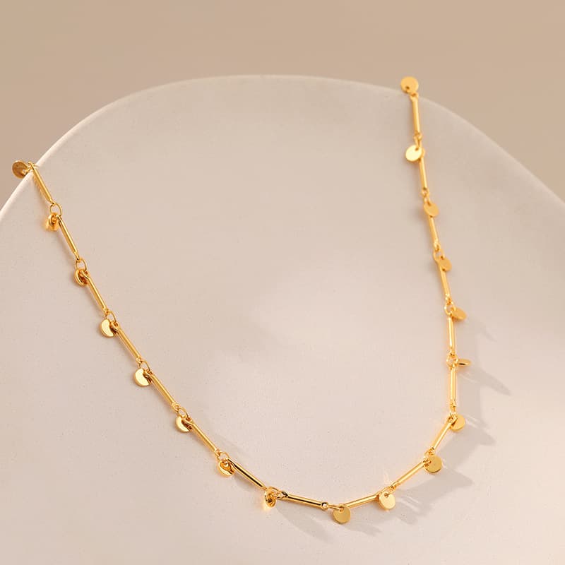 Copper Plated K Real Gold Color Preserving Necklace Handmade Plain Chain Round Rod Mixed Chain Minimalist Small Disc Clavicle Chain