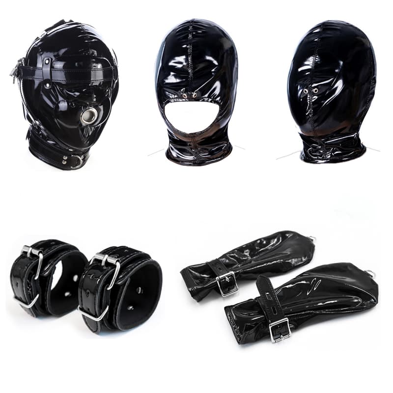 Black Masked Sexy Wetlook Sex Bondage Mask Hood with Lockable Plush Erotic Gloves Handcuffs for Couples Fe