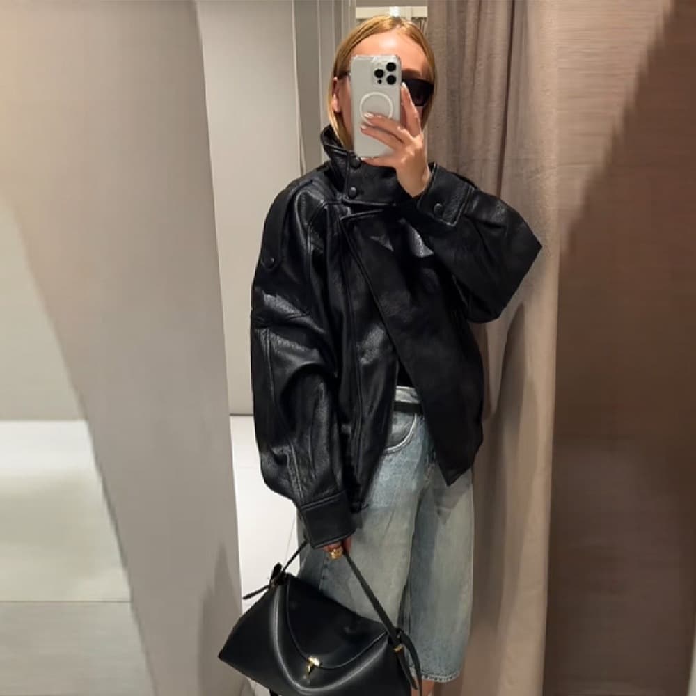 Women's Double Layer Collar Leather Jacket Loose Fit Trendy Black Motorcycle Style Coat Autumn/Winter Elegant Fashion Daily