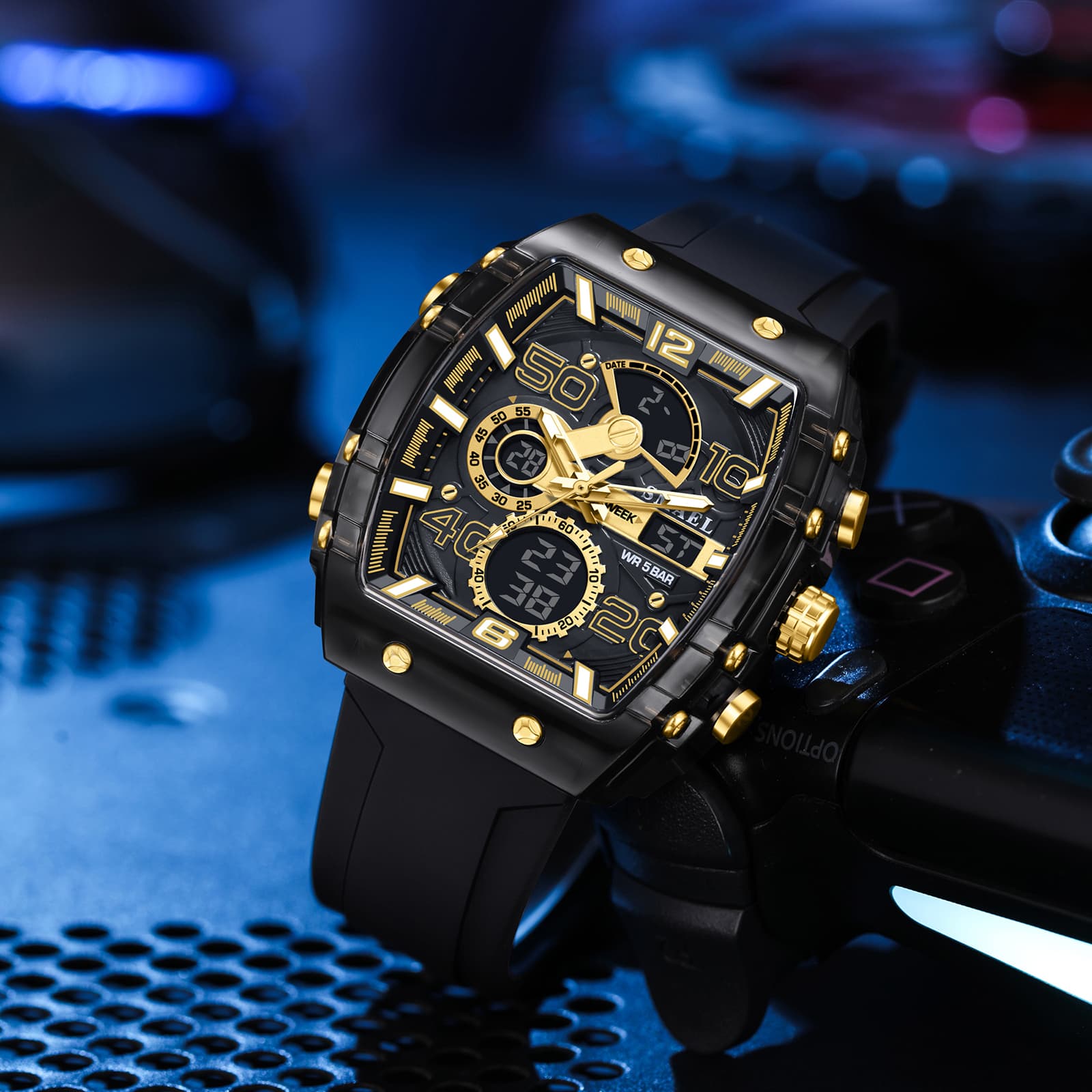 New Electronic Watch Fashion Square Dual Display Waterproof Luminous Multi-color For Men
