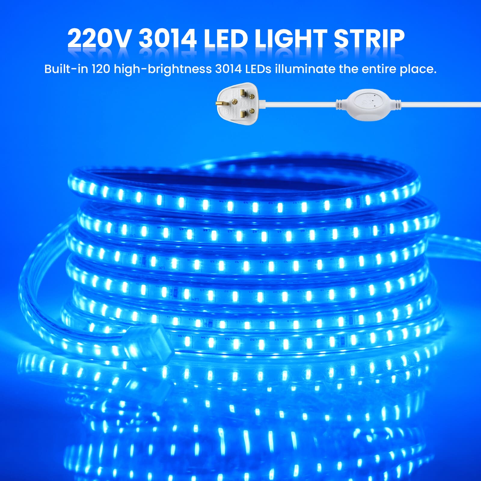 Bande LED 220 V 240 V 3014 SMD IP67 étanche, cordon lumineux pour la maison, blanc, bleu, prise britannique