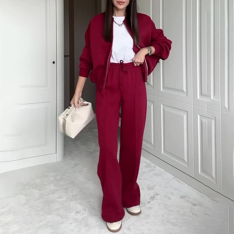 Women's Clothing Round-Neck Zip-Up Hoodie & Straight-Leg Pants Set - Oversized Casual Streetwear Outfit In 14 Colors (Wine Red, Pink, White, Grey)