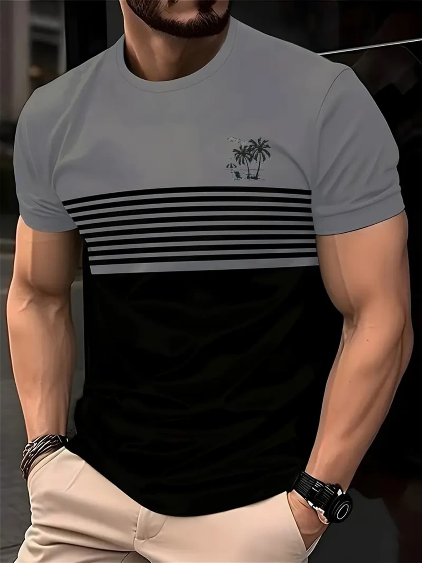 Men's Tropical Palm Tree Striped T-shirt - Casual Round Neck, Short Sleeve, Summer Beach And Street Wear, Lightweight Polyester Fabric, Beach Wear