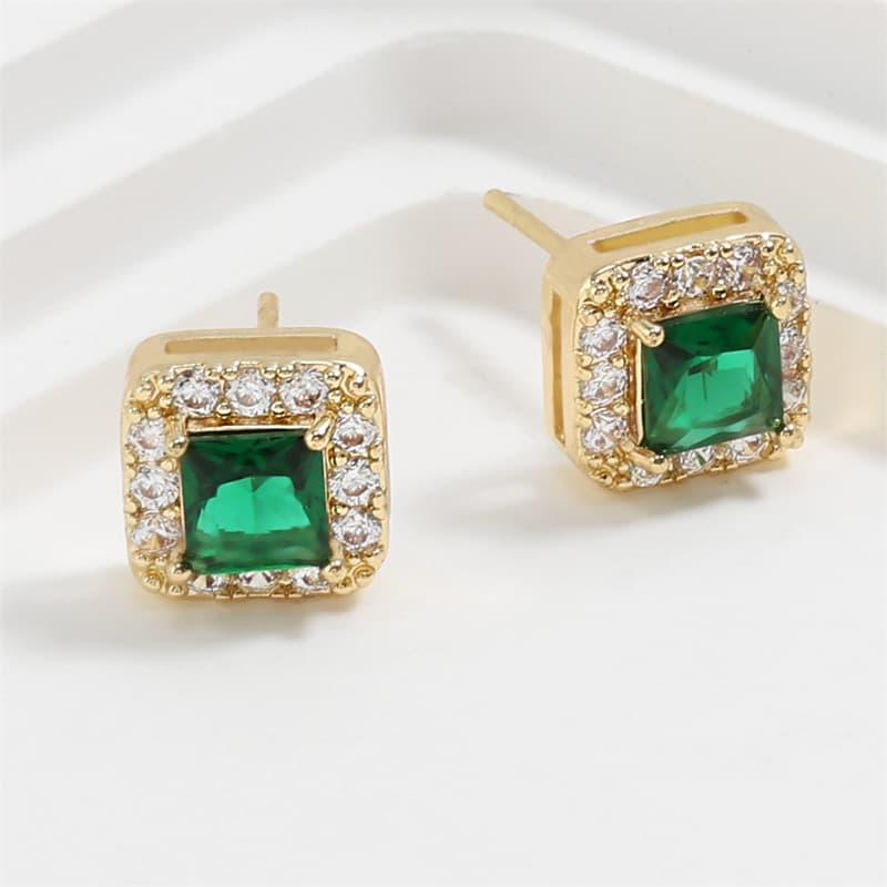 light luxury emerald green cube AAA zircon earrings retro simple high end earrings