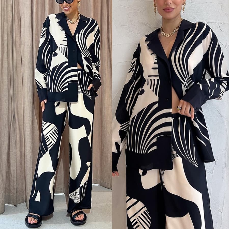 Women's lapel casual printed long-sleeved suit INS loose pocket two-piece set for women