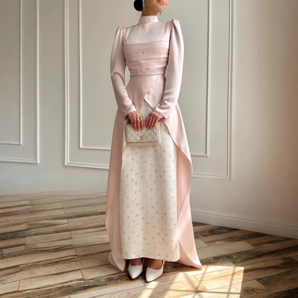 Muslim Dress Women Elegant Pink Strapless Mermaid Evening Gown – Floral Print High-Waisted A-Line Dress With Train (S-Xl)