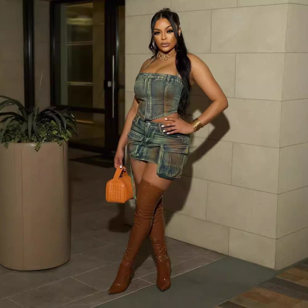Women's Clothing New Fashion Sexy Suspenders Tube Top Pocket Spray Paint Denim Top Short Skirt Suit