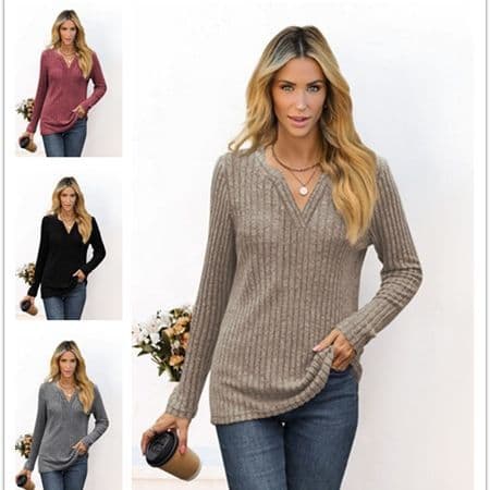 Women's Solid Color V-neck Loose Casual Long-sleeved T-shirt Top