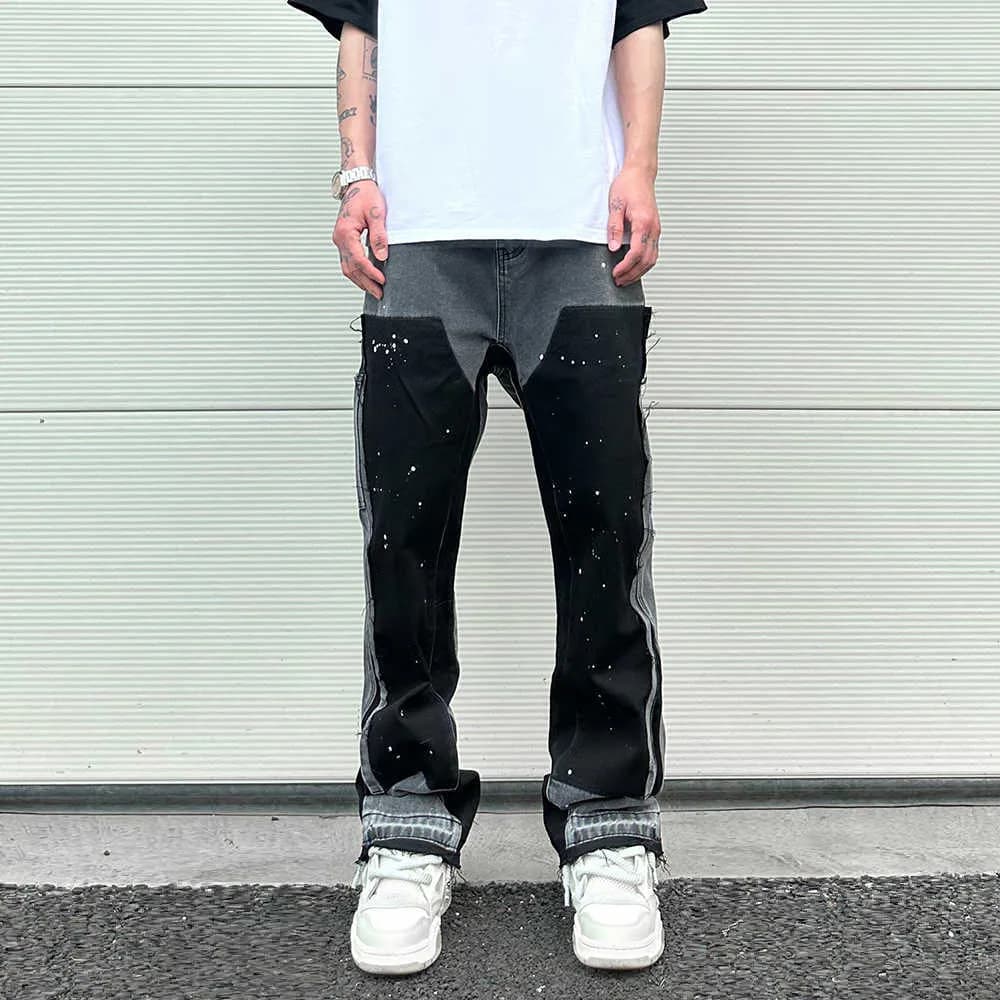 Graffiti Black Flared Denim Pants with Patches Hip Hop Splashed Ink Wide Leg Trousers Slim Fit Washed Jeans