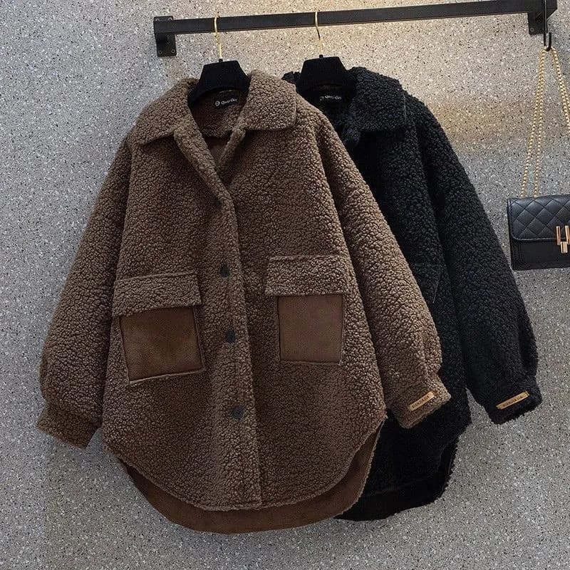 Women's Winter Lamb Wool Coat Longline Thickened Padded Jacket Loose Fit Oversized Outerwear With Patchwork Detailing