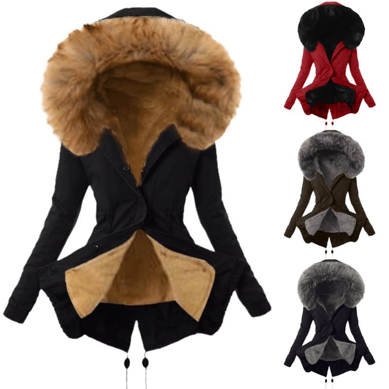 Women's Clothing Cotton Clothing, Hottest Women's Cotton Coat, Fur Collar Hooded Cotton Jacket, Drawstring Plus Velvet Warm Mid-length Jacket
