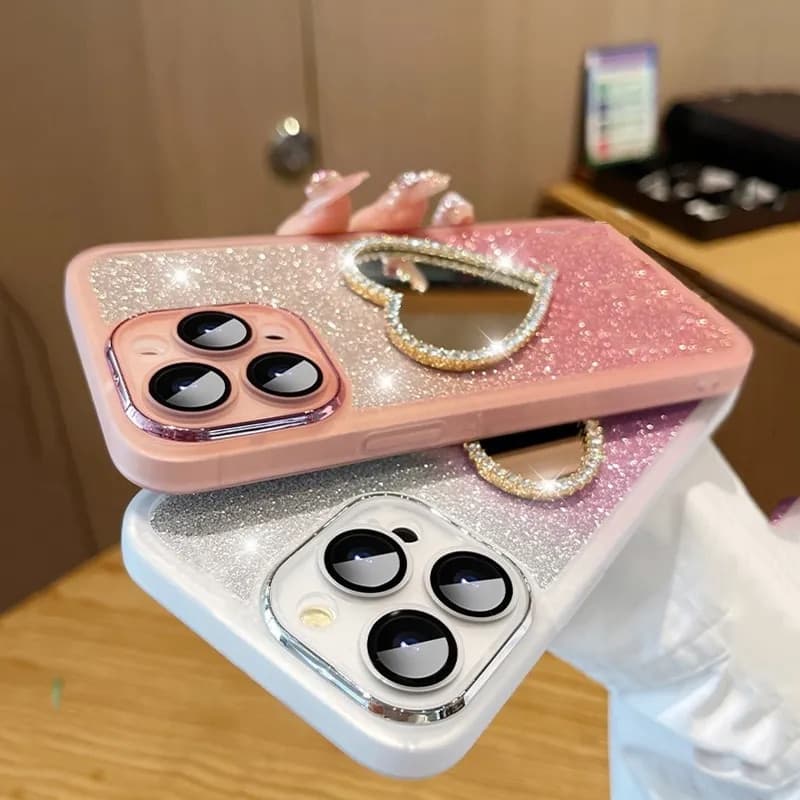 Diamond Heart Mirror Phone Case For Samsung Galaxy S23 Ultra S22 Plus S21 FE S20FE A24 A02S A14 A34 A54 Silicone Glitter