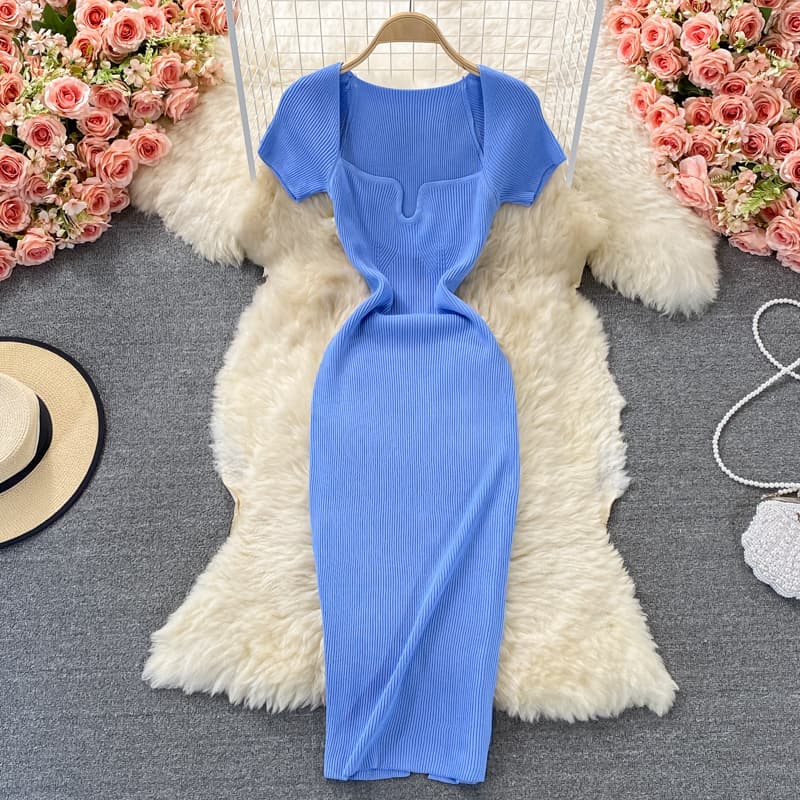 Women's Clothing Tight Slim Square Collar Knitted Dress Short-sleeved Elegant Sexy Spice Girl Hip Long Dress