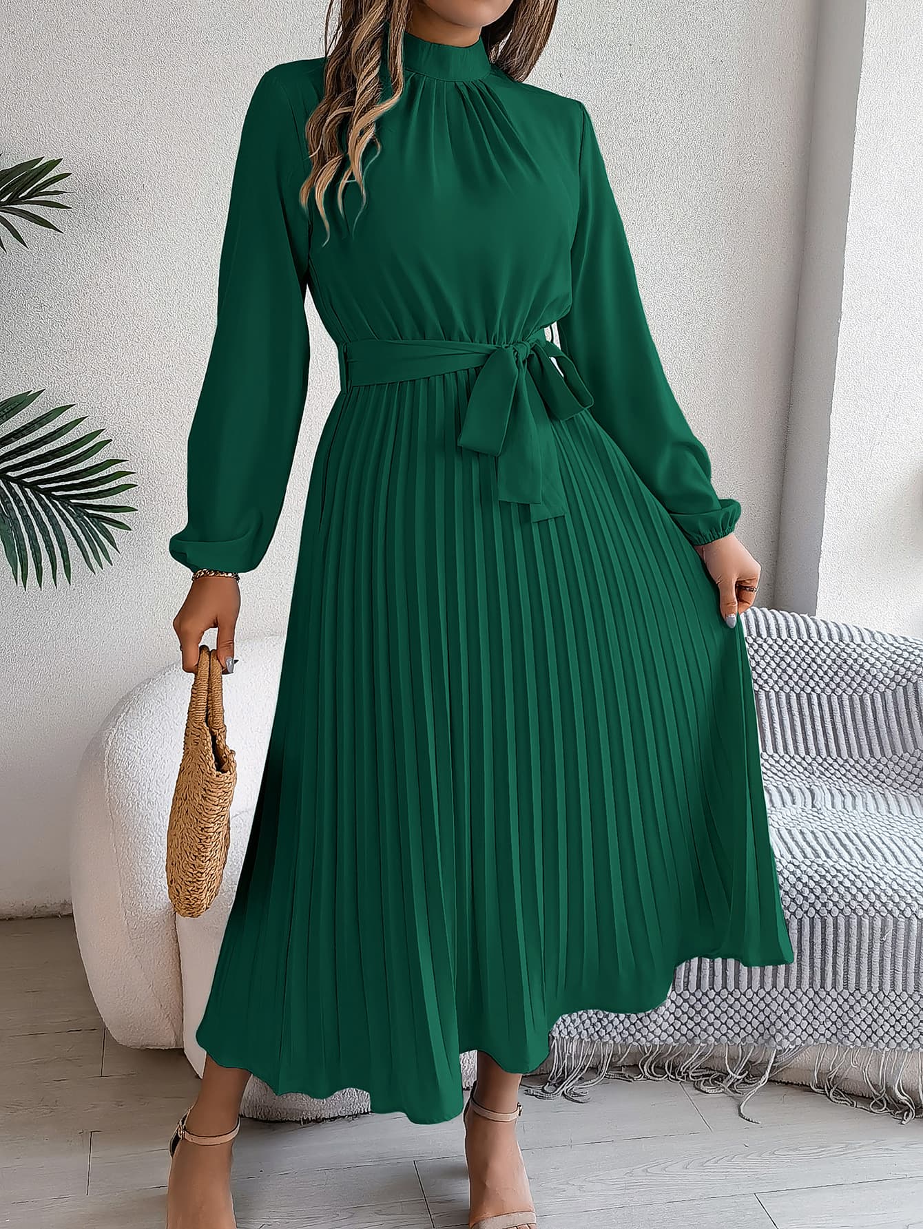 Women's Clothing autumn and winter elegant stand up collar long sleeve waist pleated long skirt small dress