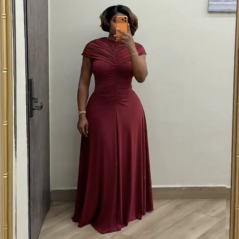 Women's Clothing Elegant Round Neck Pleated Slim Fit Long Dress For Women European And American Style African Print Spring
