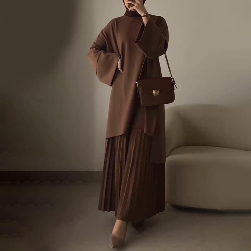Women's Clothing Round Neck Loose Casual Tops Retro Temperament Pleated Skirt Suits For Women