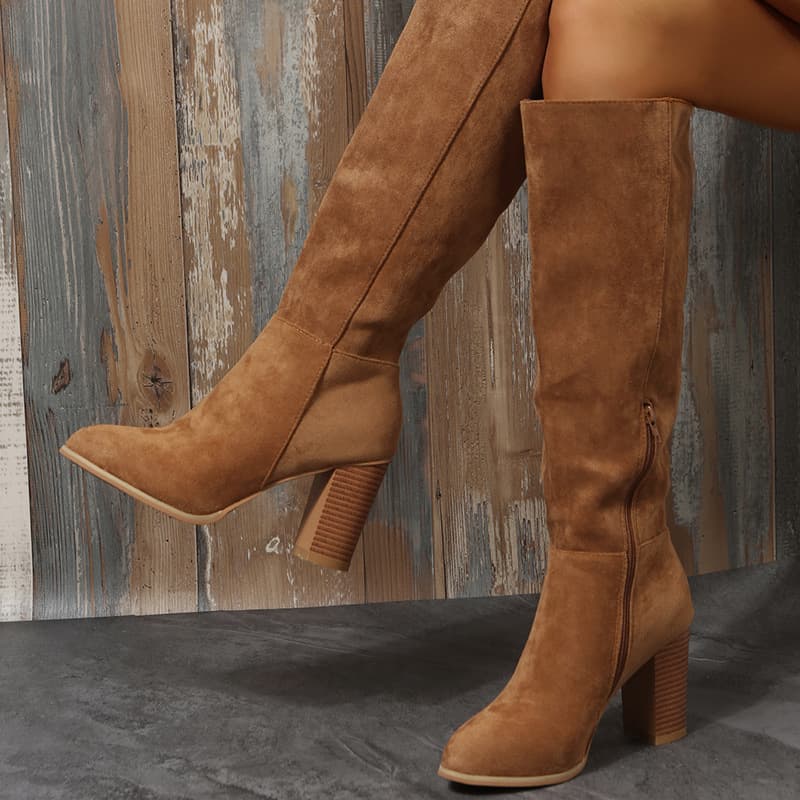 New chunky plus size high heel slimming suede boots Women's pointed side zipper boots