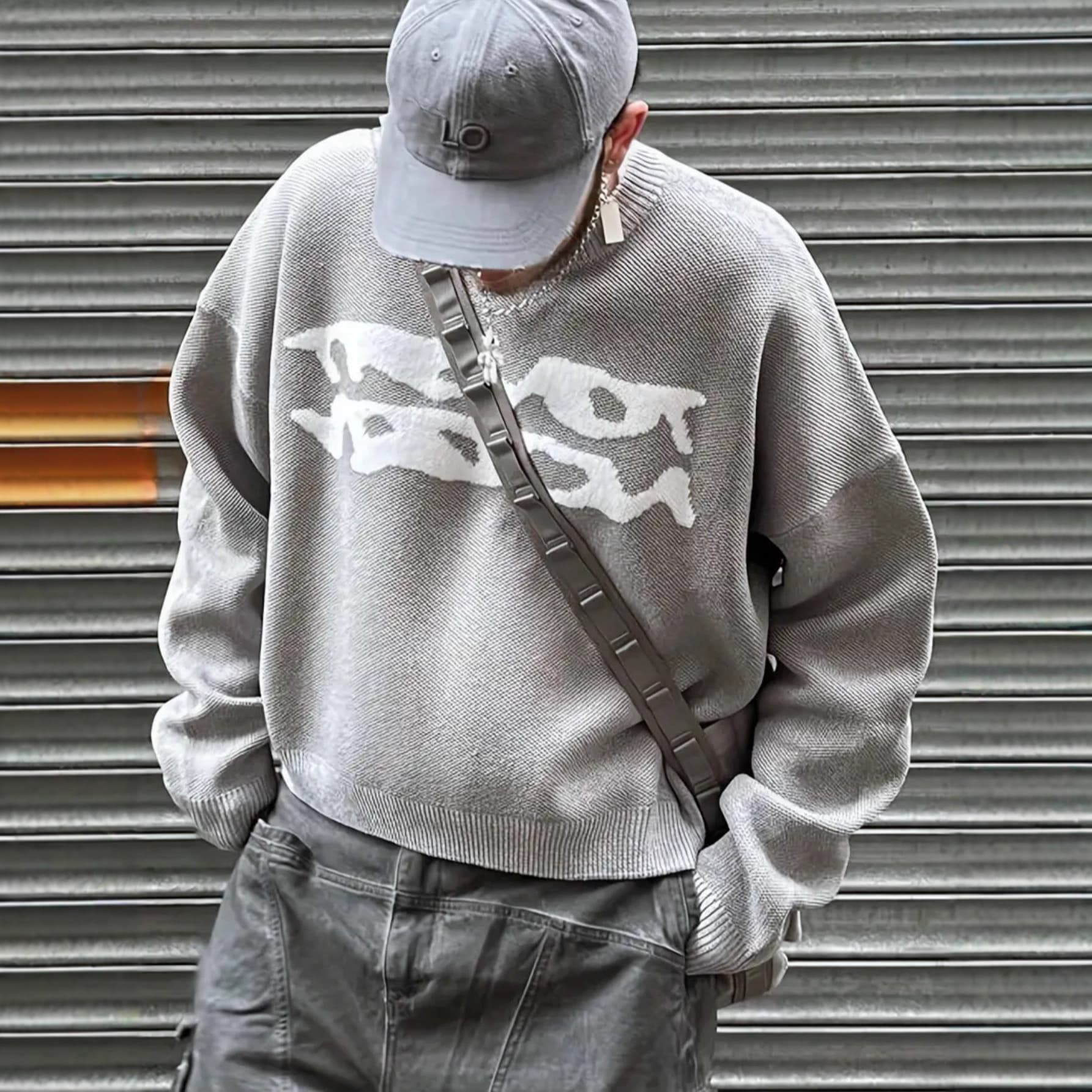 Harajuku-Inspired Casual Pullover Sweater – Artistic Jacquard Knit, Oversized Round Neck For Winter & Fall (Sizes S-XXL, Grey/Black)