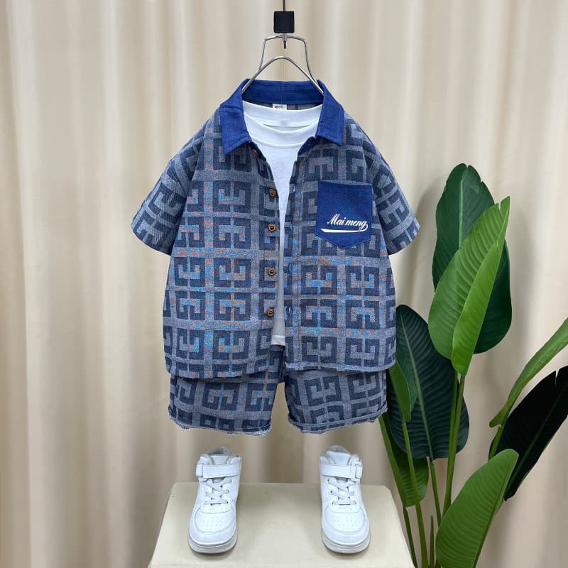 Boys Summer Clothes New Handsome Boy Baby Clothes Stylish Children's Summer Denim Shirt Short Sleeved Suit