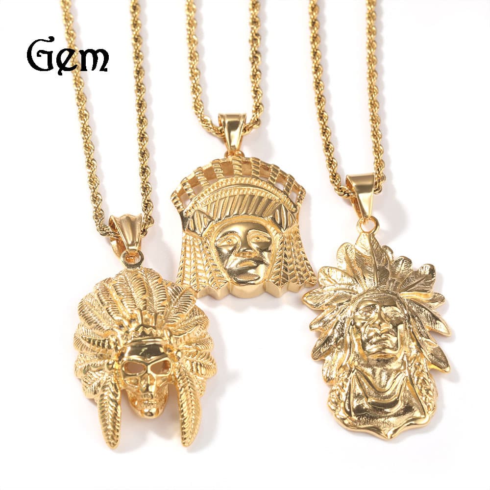 Men's Jewelry Stainless Steel Feather Chief Pendant With Cuban Chain, Hip Hop Tribal Necklace For Men, Trendy Streetwear Accessory Jewelry