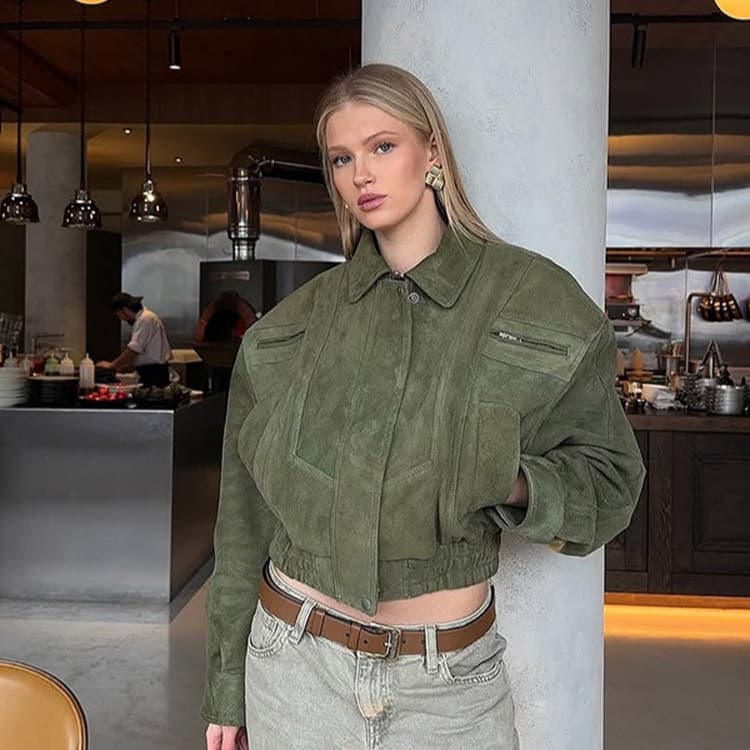 Women's Clothing Vintage Motorcycle Jacket Retro Loose Fit Short Coat With Pockets In Green & Brown