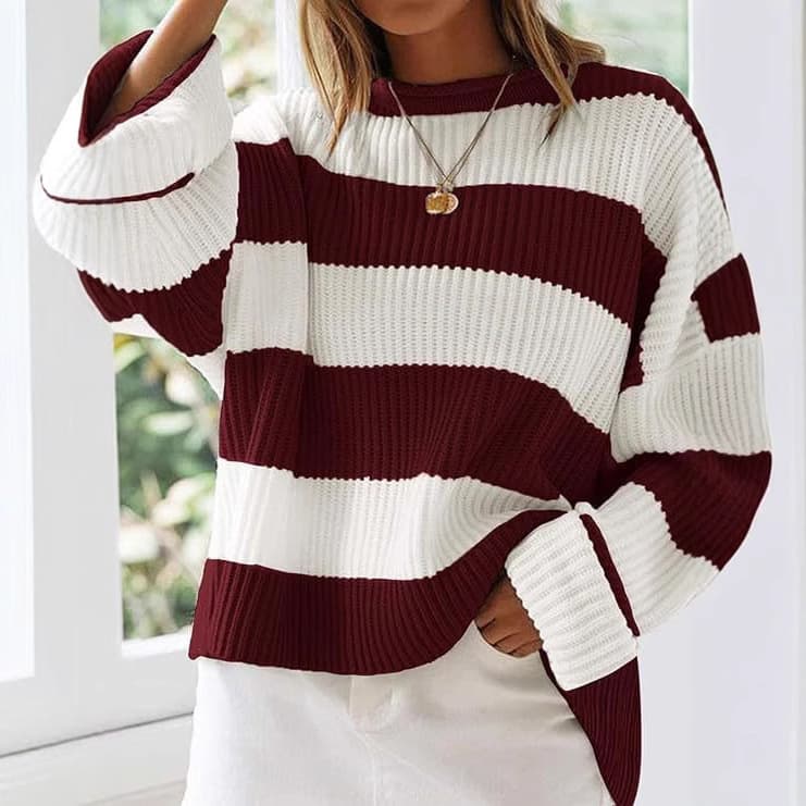 Women's Long Sleeve Striped Knit Sweater With Flared Sleeves - Oversized Casual Pullover In Solid & Colorblock Design