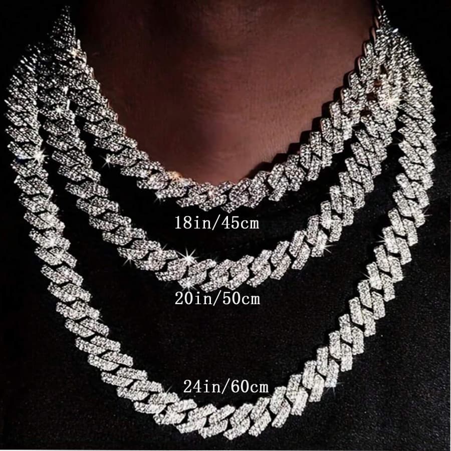 Unisex 15mm Alloy Full Diamond Diamond Cuban Chain Men's Double Row Four Sided Hip Hop Necklace Jewelry