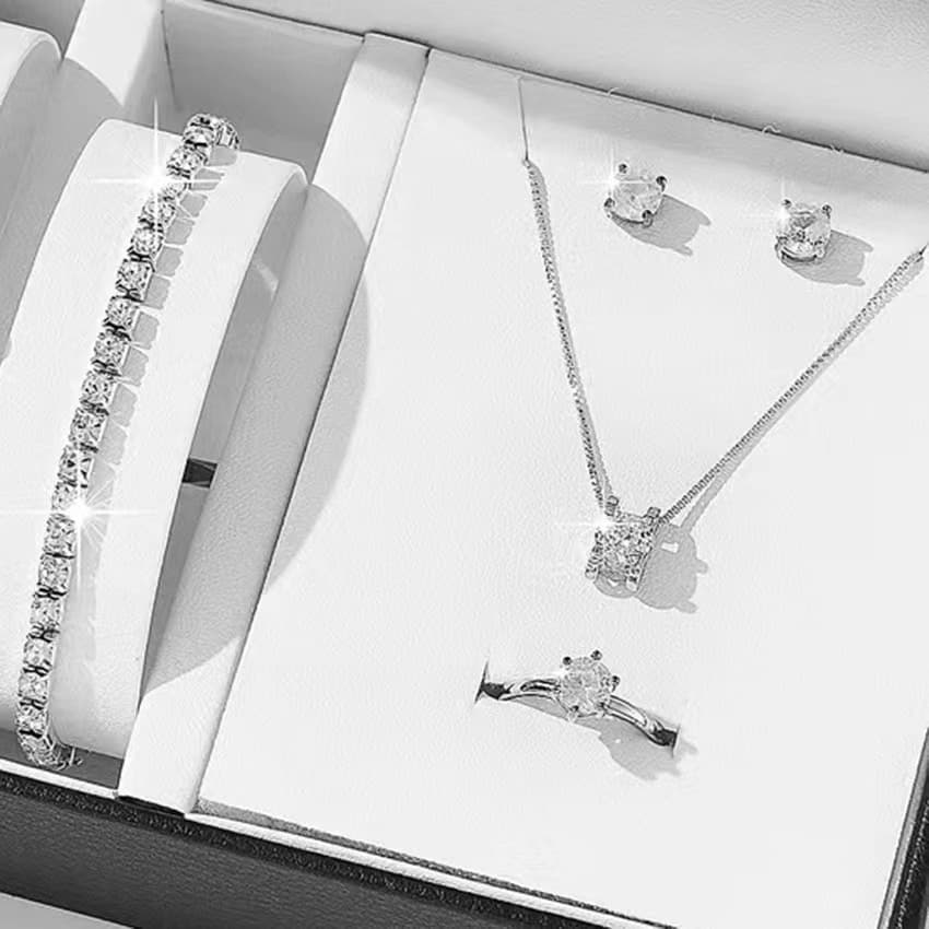 Simple jewelry set fashionable and versatile zircon necklace earrings ring bracelet four piece jewelry