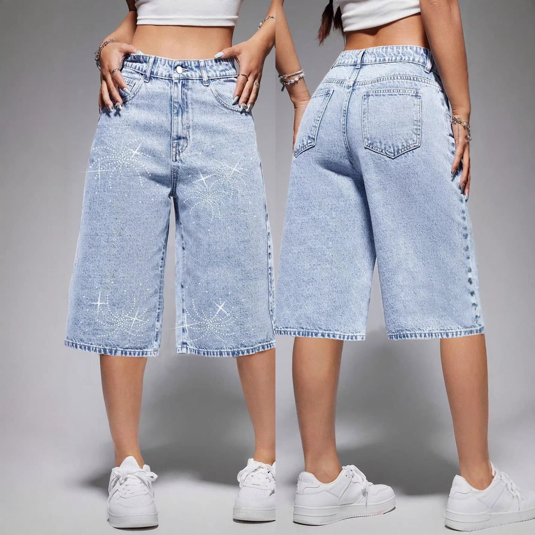 Women's High Waisted Denim Shorts Light Blue Washed Rhinestone Firework Detail Sexy Style Factory Direct Wholesale Bottoms