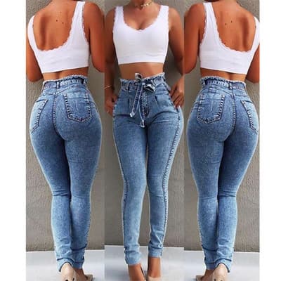 women's Jeans Slim Elastic Fashion All Match Tassel Belt High Waist Women