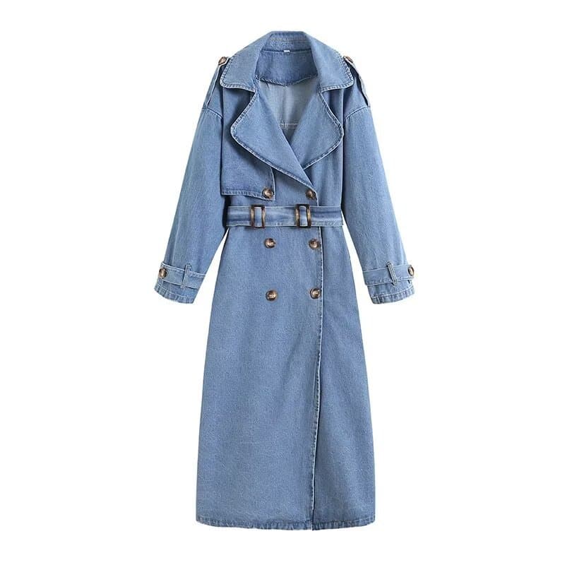 Women's New European and American Style Loose Double breasted Belt Denim Windbreaker Jacket Coat