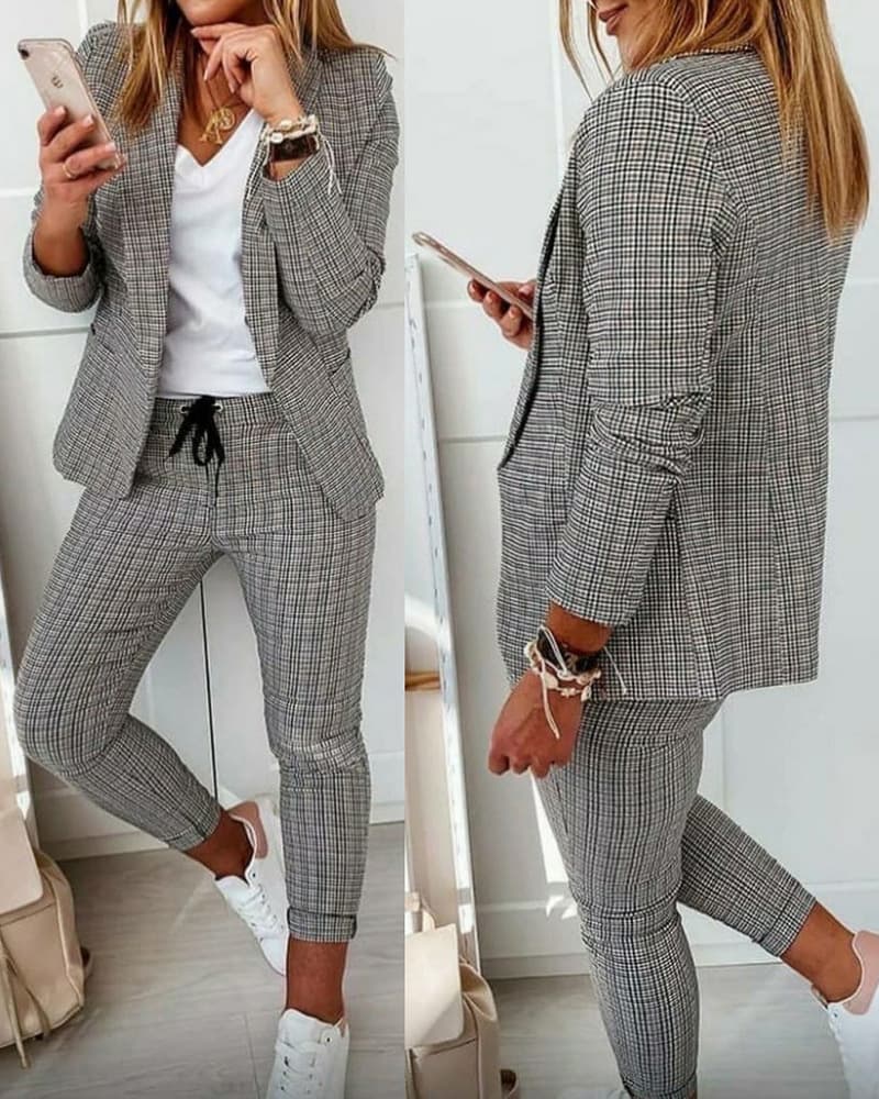 Women's Clothing Solid Color Commuting Style Suit Top + Professional Pants Suit