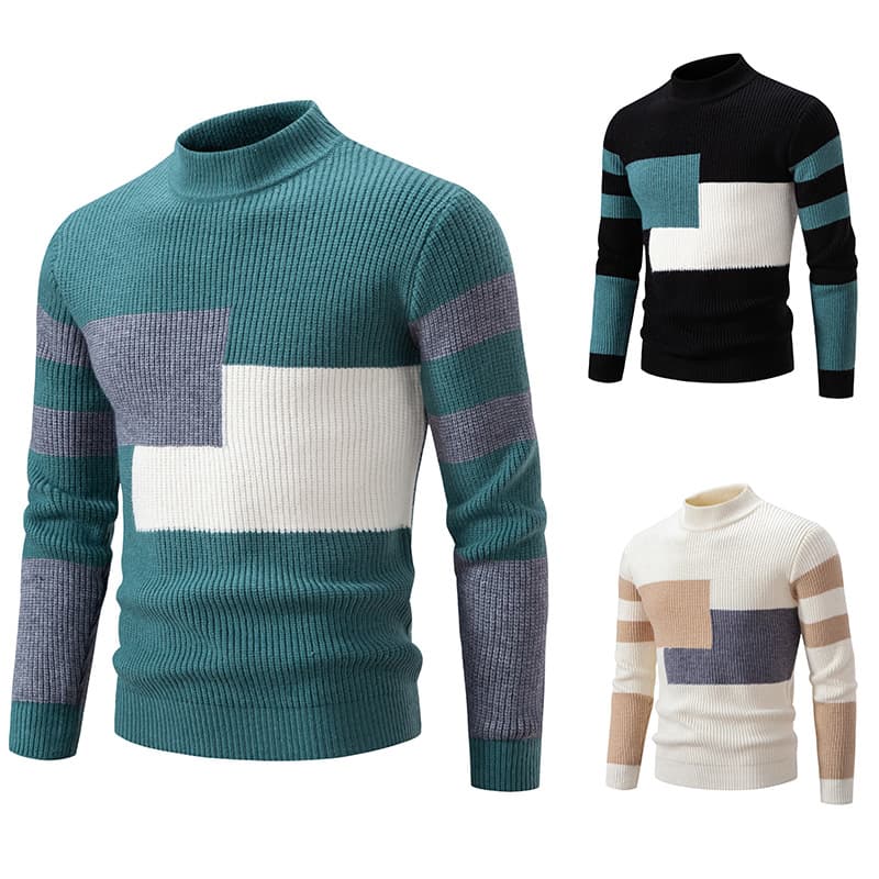 autumn and winter men's sweaters striped contrasting color sweaters trendy pullover half turtleneck bottoming sweater