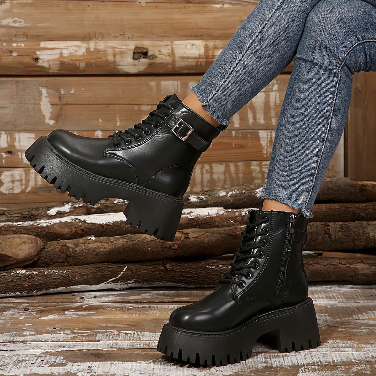 New belt buckle decorative lace-up side zipper platform plus-size women's boots low leg fashion boots