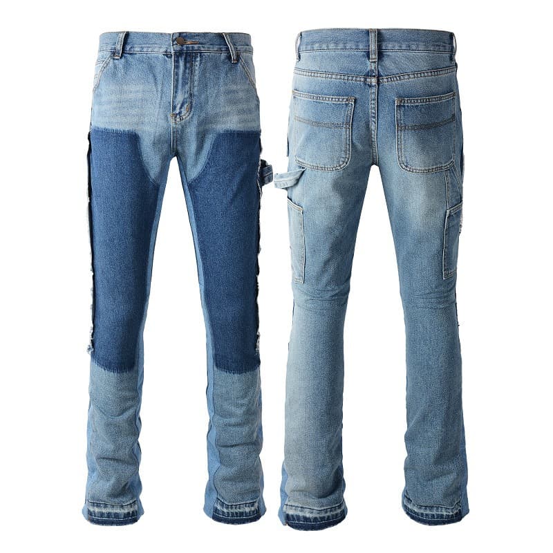 Men's Clothing men's patchwork contrast color distressed slightly flared washed jeans flared jeans