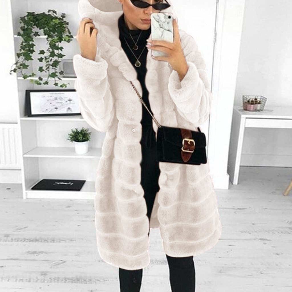Manteau mi-long à capuche en peluche de couleur unie pour femme