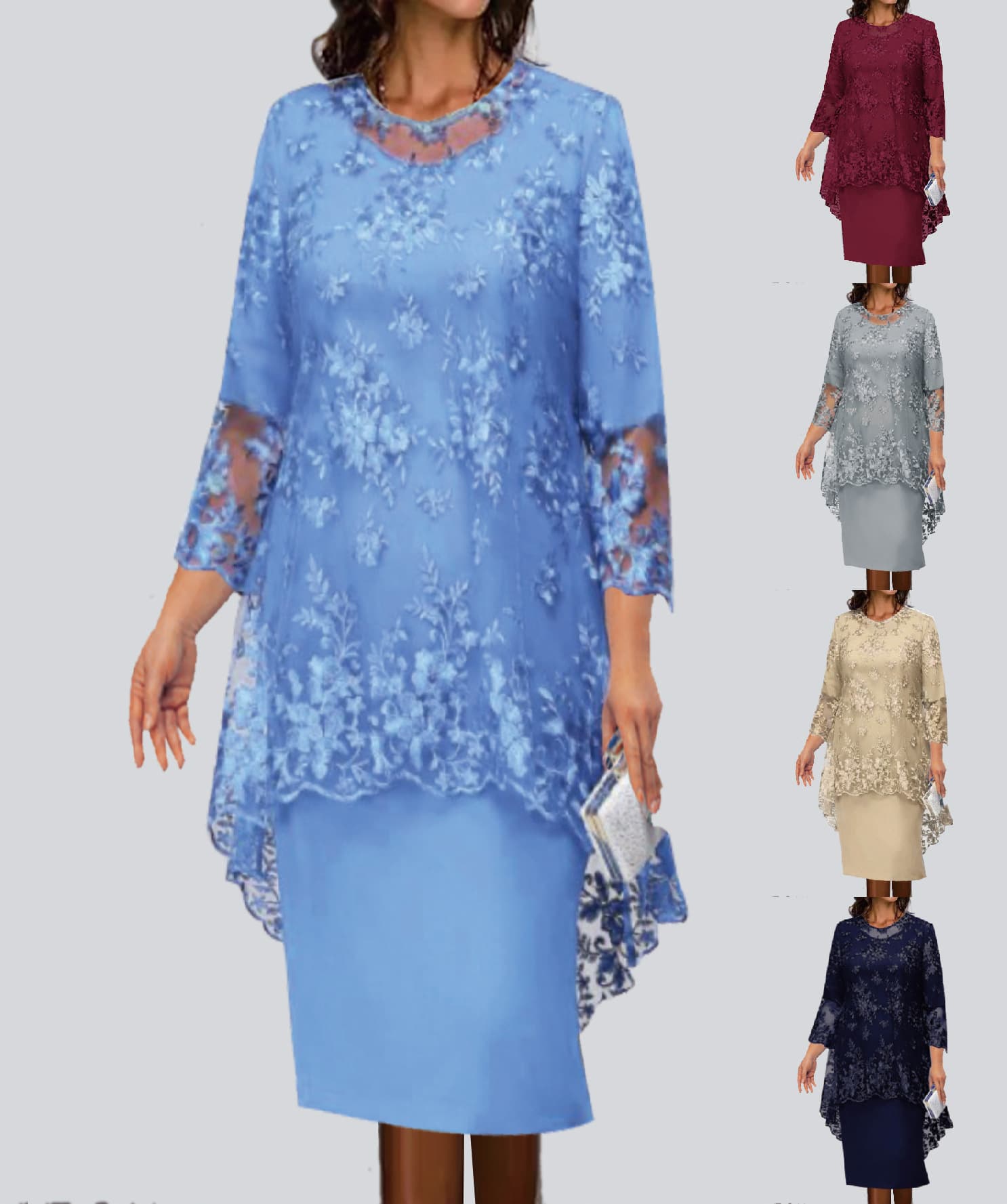 new dress plus size women's evening dress lace embroidered two-piece set temperament commuting slim skirt