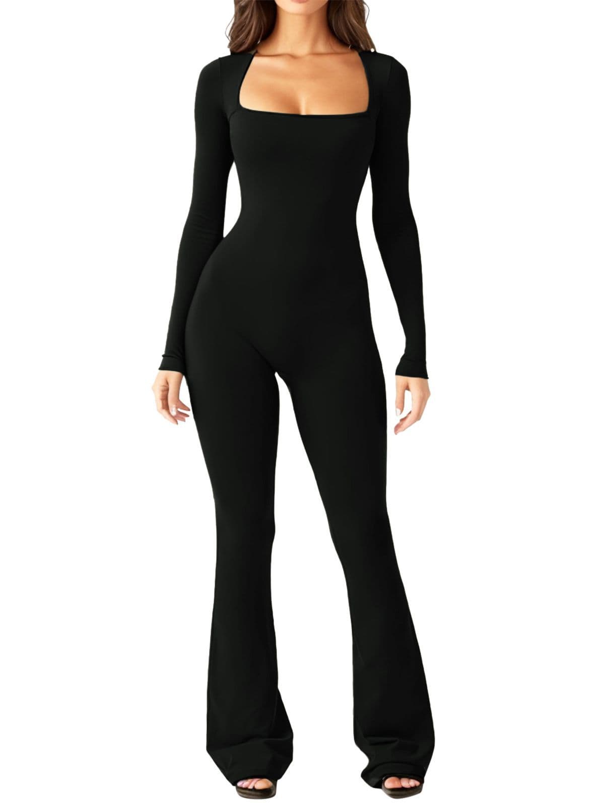 Women's Long-sleeved Tummy-controlling Waist-raising Hip-raising Square-neck Wide-leg High-elastic Jumpsuit