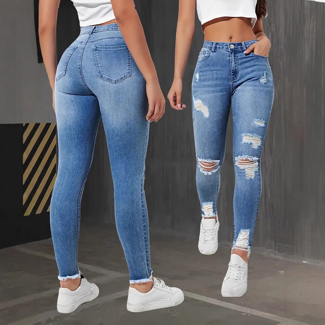 Stretch Ripped Skinny Jeans For Women - High Waist Slim Fit Denim Pants With Comfortable Elasticity, Fashionable Distressed Design