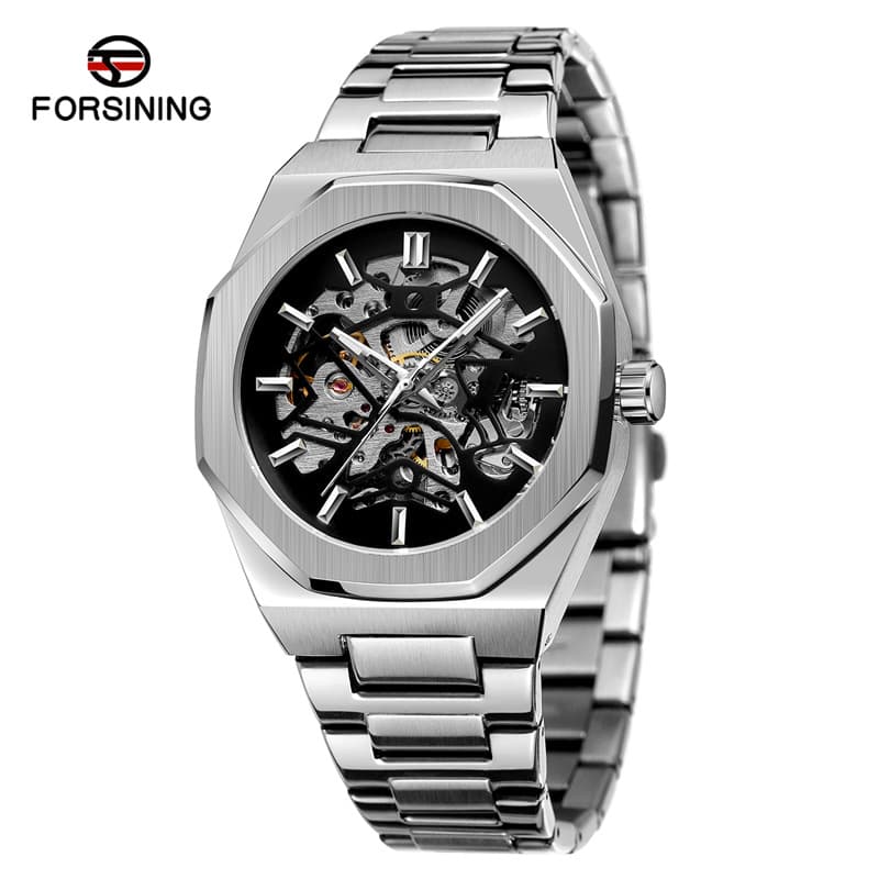 Men's Fully Automatic Flywheel Mechanical Watch With Skeletonized Dial And Business Polygonal Wristwatch