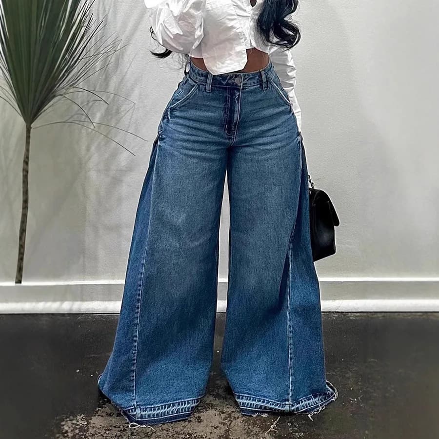 Y2K Retro Wide-Leg Jeans For Women – Distressed Blue Washed Flared Denim Pants With Fringe Hem