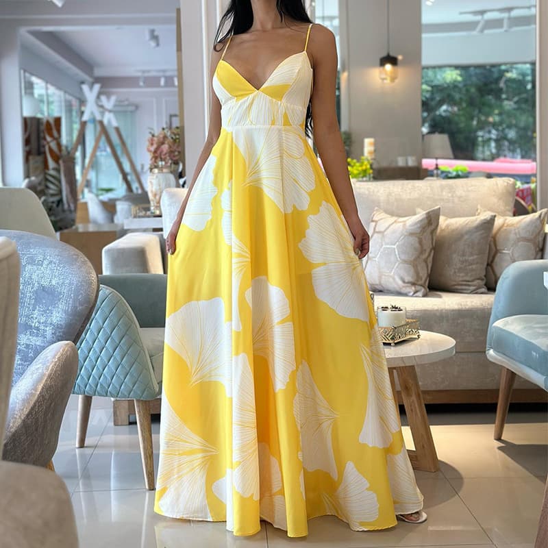 Women's Fashion Sexy Printed Suspender High Waist Mid-length Dress