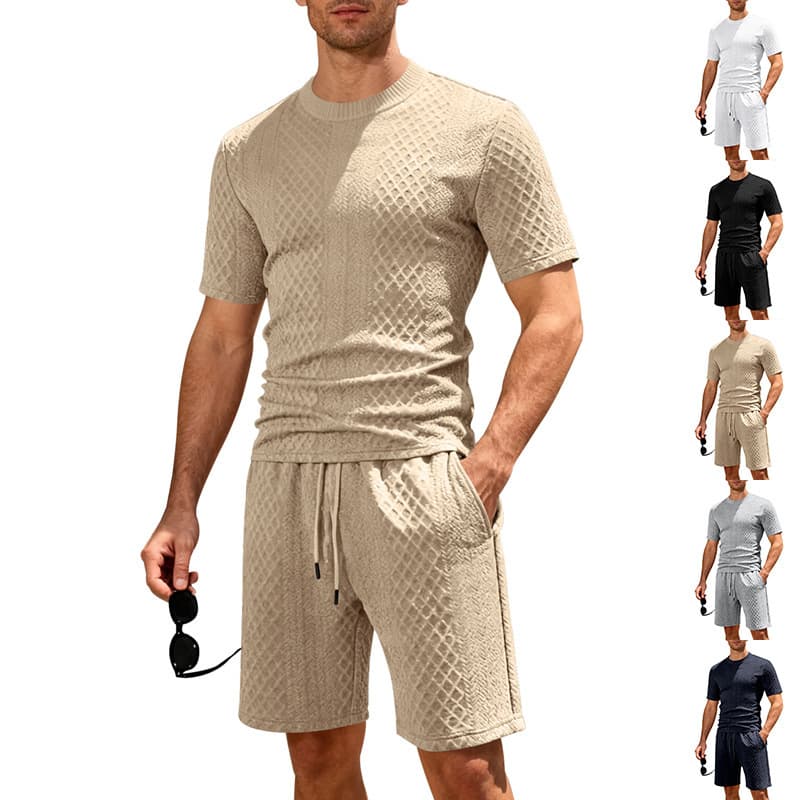 Men's Summer 2-Piece Set Jacquard Short Sleeve T-Shirt & Drawstring Shorts Casual Outfit