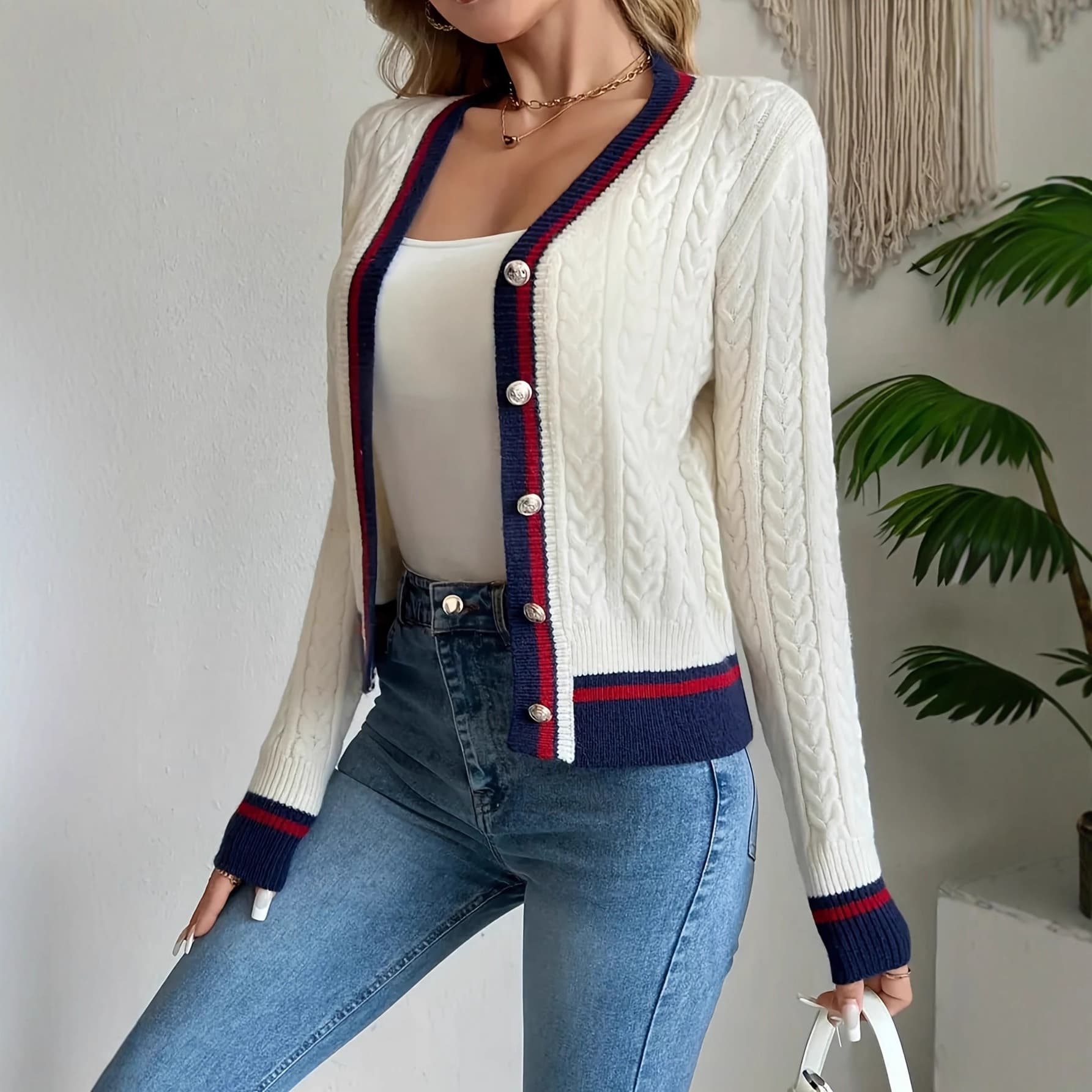 Women's V-Neck Button Cardigan - Preppy Contrast Trim Knit Sweater For Autumn Layering In White/Grey/Navy