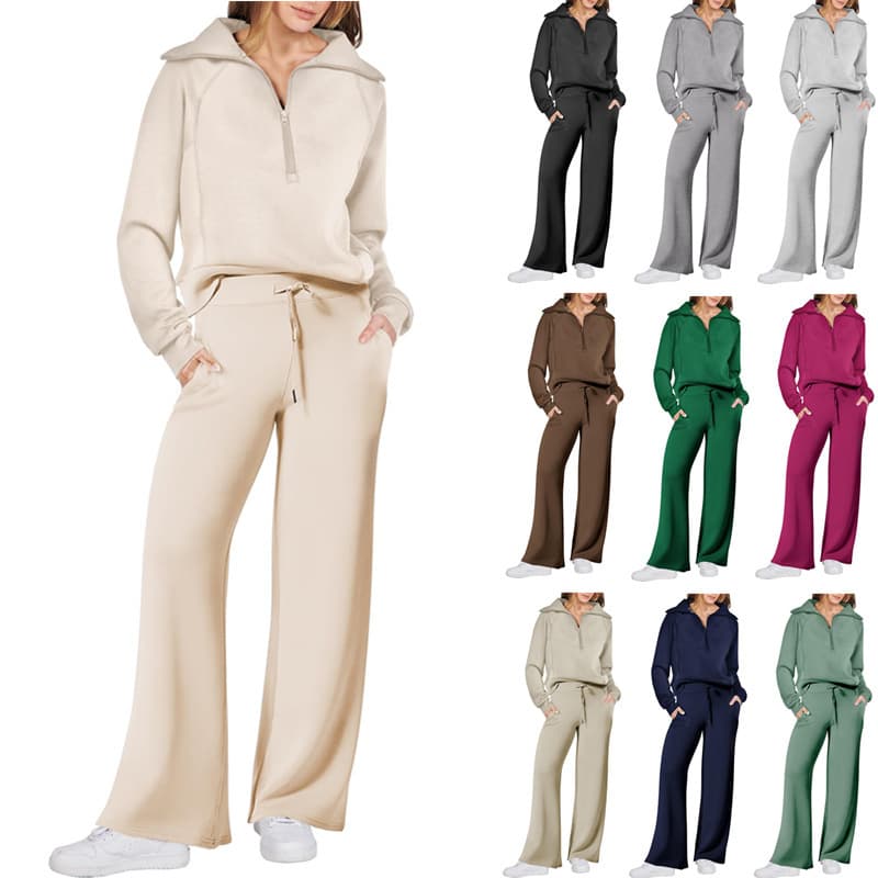 Women's Clothing autumn and winter casual sports suit zipper long sleeved sweatshirt wide leg pants two piece set